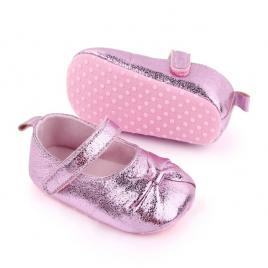 Pantofiori roz metalic cu fundita pentru fetite (marime disponibila: 3-6 luni