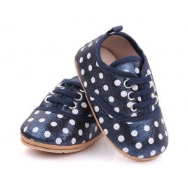 Pantofiori pentru bebelusi, bleumarine sidefat cu buline albe (marime