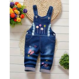 Salopeta din blugi pentru fetite cu broderie florala si fluturi (marime