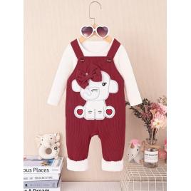 Set salopeta visinie si bluzita alba - elefantel (marime disponibila: 9-12 luni