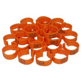 Set 100 de inele plastic 18mm, marime medie, numerotate pentru picioare pasari, gaini, portocaliu