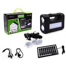 Sistem iluminare cu incarcare solara, 3 becuri led, 6 surse de lumina led, iesire usb, negru