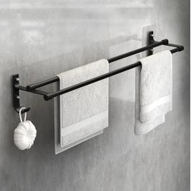 Suport din aluminiu pentru 2 prosoape + 2 cuiere, lungime 60 cm, culoare neagra