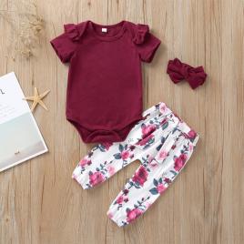 Compleu pentru fetite cu body visiniu cu maneca scurta (marime disponibila: