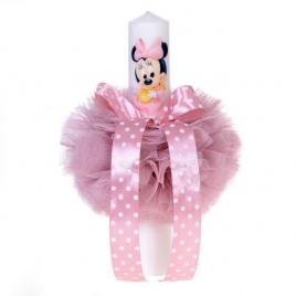 Lumanare botez baby girl, glob tul roz pudra si fundita cu buline, denikos® 83
