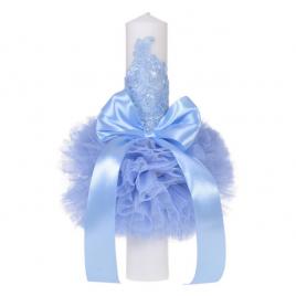 Lumanare botez eleganta cu tul, dantela si fundita, decor bleu, denikos® 709