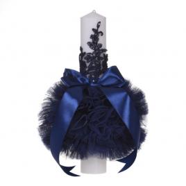 Lumanare botez eleganta cu tul, dantela si fundita, decor bleumarin, denikos®