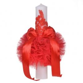 Lumanare botez eleganta cu tul, dantela si fundita, decor rosu, denikos® 705