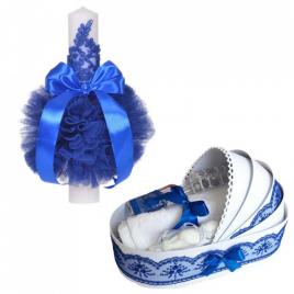 Lumanare botez glob cu dantela si trusou botez in landou, decor albastru,