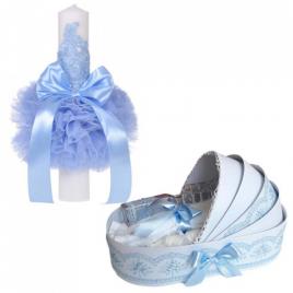 Lumanare botez glob cu dantela si trusou botez in landou, decor bleu, denikos®