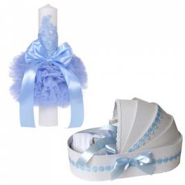 Lumanare botez glob cu dantela si trusou botez in landou, decor bleu cu
