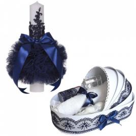 Lumanare botez glob cu dantela si trusou botez in landou, decor bleumarin,