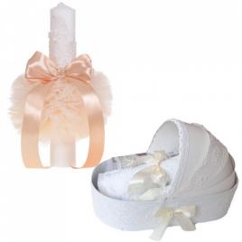 Lumanare botez glob cu dantela si trusou botez in landou, decor ivoire,
