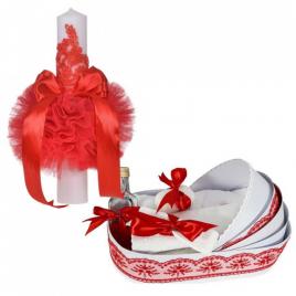 Lumanare botez glob cu dantela si trusou botez in landou, decor rosu, denikos®