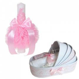 Lumanare botez glob cu dantela si trusou botez in landou, decor roz, denikos®