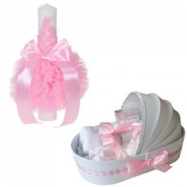 Lumanare botez glob cu dantela si trusou botez in landou, decor roz cu