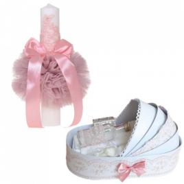 Lumanare botez glob cu dantela si trusou botez in landou, decor roz pudra,