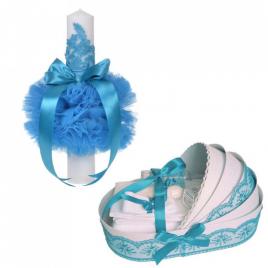 Lumanare botez glob cu dantela si trusou botez in landou, decor turcoaz,