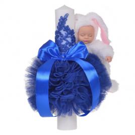 Lumanare botez jucarie iepuras pufos si dantela, decor albastru, denikos® 718