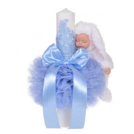 Lumanare botez jucarie iepuras pufos si dantela, decor bleu, denikos® 717