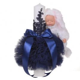 Lumanare botez jucarie iepuras pufos si dantela, decor bleumarin, denikos® 716