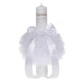 Lumanare botez personalizata, decor alb, diafan cu tul si dantela, denikos® 728