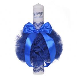 Lumanare botez personalizata, decor albastru cu tul si dantela, denikos® 727