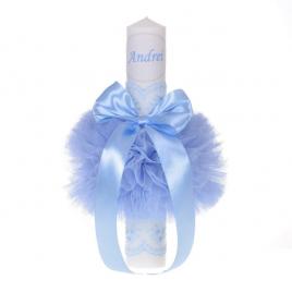 Lumanare botez personalizata, decor bleu cu tul si dantela, denikos® 726