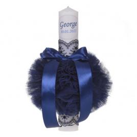 Lumanare botez personalizata, decor bleumarin cu tul si dantela, denikos® 725