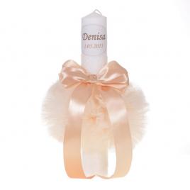 Lumanare botez personalizata, decor crem / ivoire cu tul si dantela, denikos®