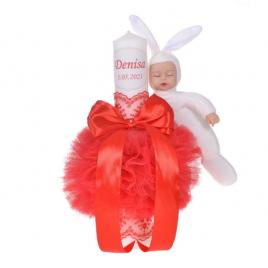Lumanare botez personalizata, decor rosu cu tul, dantela si o jucarie iepuras,