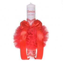 Lumanare botez personalizata, decor rosu cu tul si dantela, denikos® 723