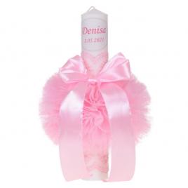 Lumanare botez personalizata, decor roz cu tul si dantela, denikos® 722