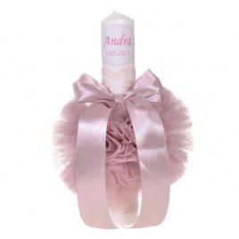 Lumanare botez personalizata, decor roz pudra cu tul si dantela, denikos® 721