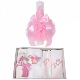 Trusou botez cu mesaj si lumanare eleganta glob cu dantela, decor roz, denikos®