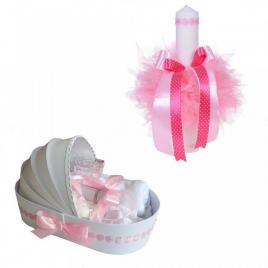 Trusou botez in landou si lumanare cu floricele roz pentru fetita denikos® 44