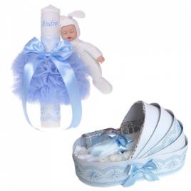 Lumanare botez cu iepuras, personalizata si trusou botez in landou, decor bleu,