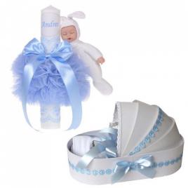 Lumanare botez cu iepuras, personalizata si trusou botez in landou, decor bleu
