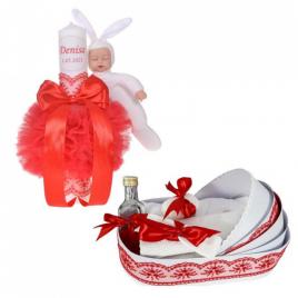 Lumanare botez cu iepuras, personalizata si trusou botez in landou, decor rosu,