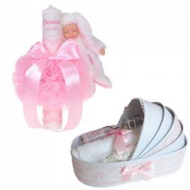 Lumanare botez cu iepuras, personalizata si trusou botez in landou, decor roz,