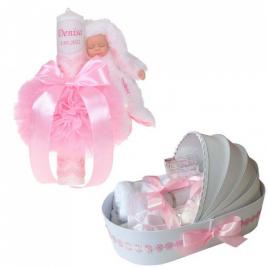 Lumanare botez cu iepuras, personalizata si trusou botez in landou, decor roz