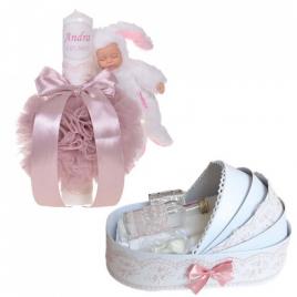 Lumanare botez cu iepuras, personalizata si trusou botez in landou, decor roz