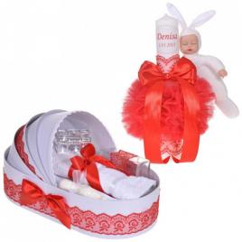 Lumanare botez cu iepuras, personalizata si trusou botez in landou, decor