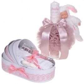 Lumanare botez cu iepuras, personalizata si trusou botez in landou, decor