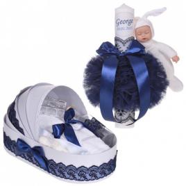 Lumanare botez cu iepuras, personalizata si trusou botez in landou, decor