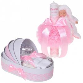 Lumanare botez cu iepuras, personalizata si trusou botez in landou, decor