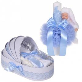 Lumanare botez cu iepuras pufos si trusou botez in landou, decor dantela bleu,