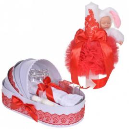 Lumanare botez cu iepuras pufos si trusou botez in landou, decor dantela rosie,