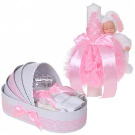 Lumanare botez cu iepuras pufos si trusou botez in landou, decor dantela roz,