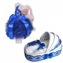 Lumanare botez glob iepuras pufos si trusou botez in landou, decor albastru,